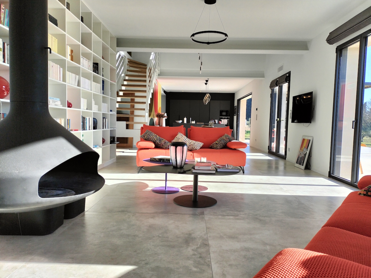 Living room with library wall