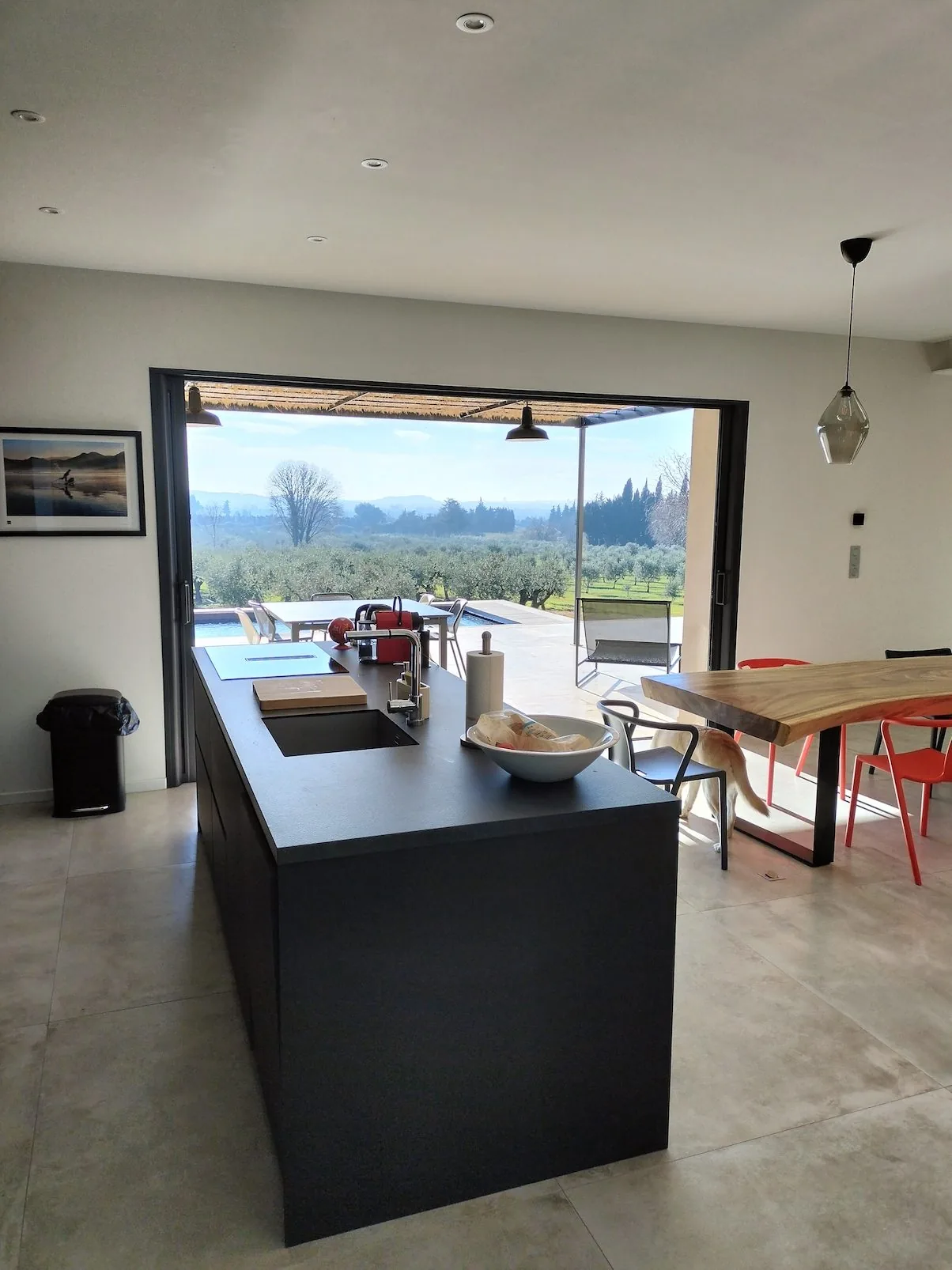 Kitchen island with pool view
